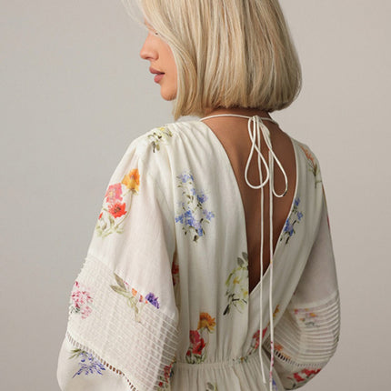 Onbely robe longue trapèze imprimé à fleurie col en V manches longues taille marquée élégant mode tous les jours