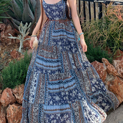 Onbely robe longue imprimé à fleurie à fines brides bohème bleu boho dress