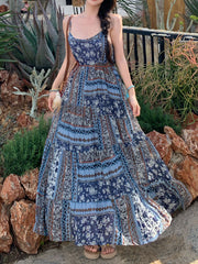 Onbely long dress with floral print and thin bohemian straps in blue