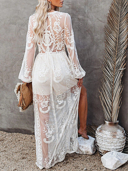 Onbely robe longue dentelle fendu le côté Col en V bohème