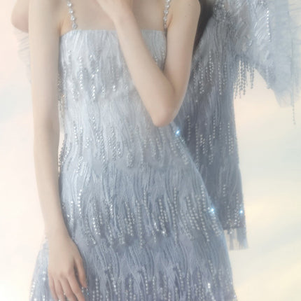 Onbely robe courte bleue à strass et franges pour cocktail