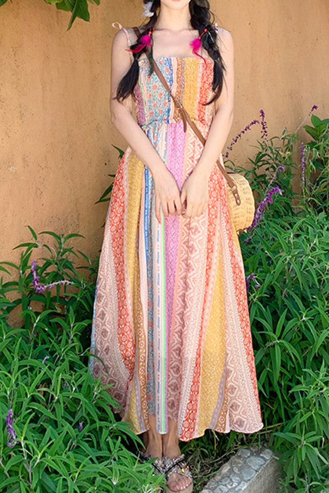 Onbely robe longue imprimé à fleurie à fines brides bohème multicolore boho dress
