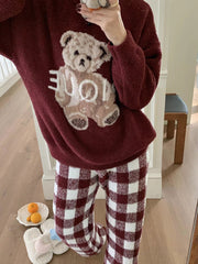 Onbely Women's Christmas Plaid Teddy Bear Fleece Pajama Set