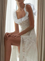 Onbely long backless dress in white English embroidery with side slit fashion