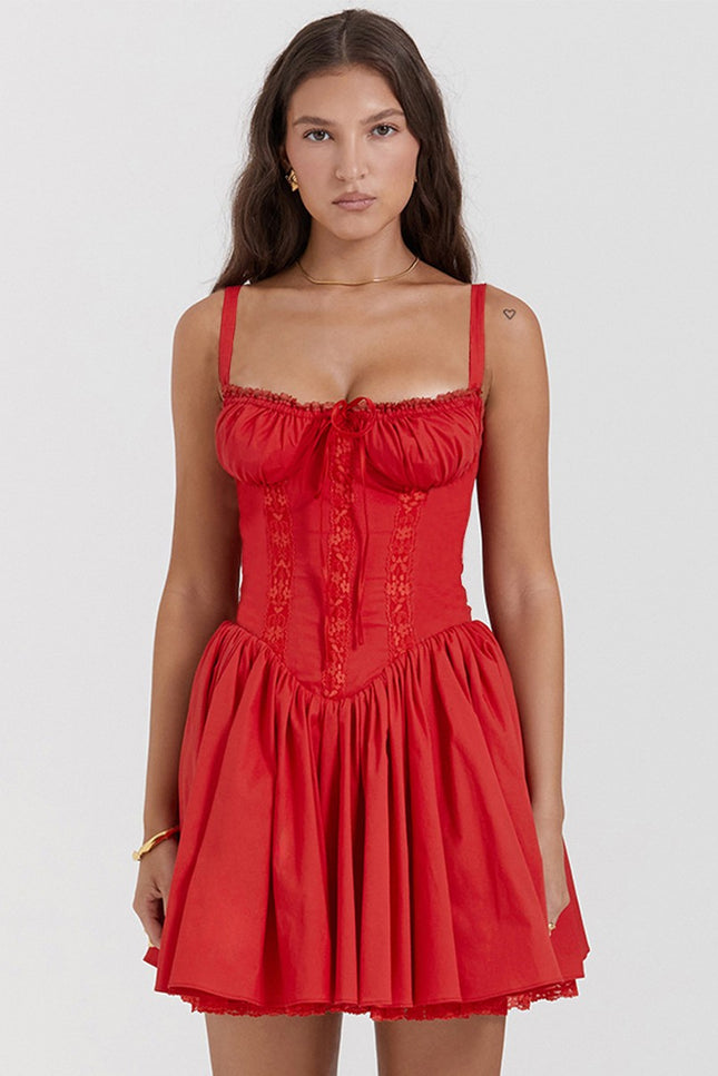 Onbely robe courte unicolore dentelle plissé à fines brides col carré taille marquée élégant bal de promo vacances