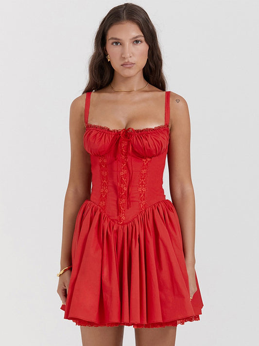 Onbely robe courte unicolore dentelle plissé à fines brides col carré taille marquée élégant bal de promo vacances