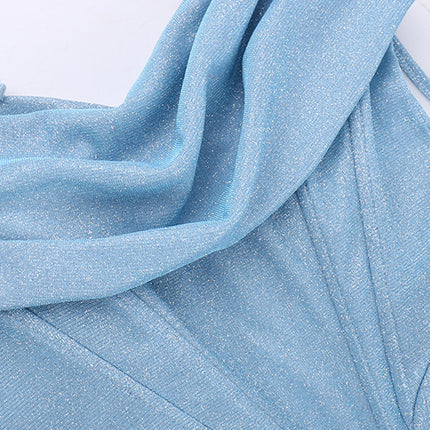 Onbely Robe de soirée longue et moulante brillante paillette à fines brides bleue