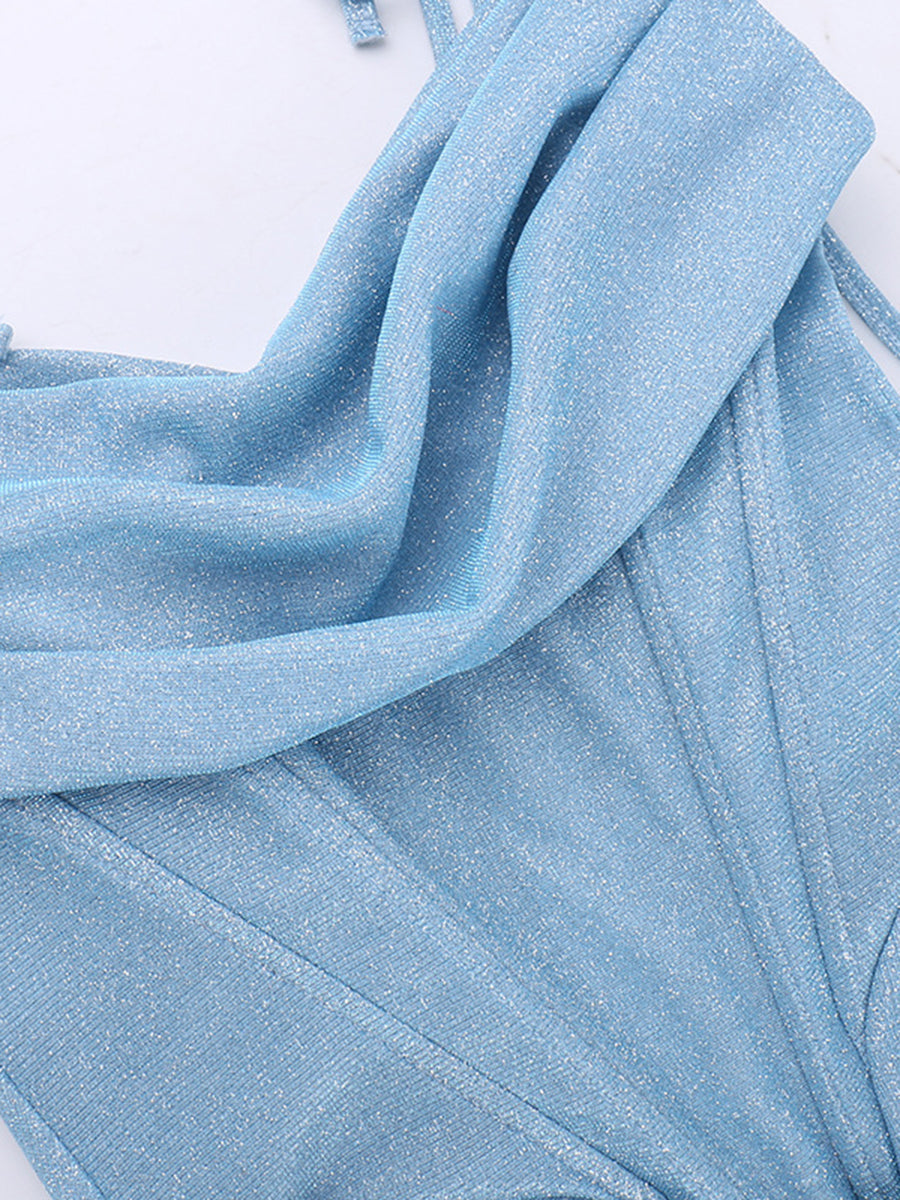 Onbely Robe de soirée longue et moulante brillante paillette à fines brides bleue
