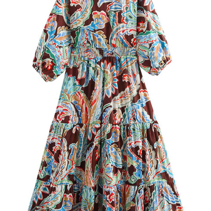 Onbely Robe Longue lâche imprimé à fleurie Col V Manches Longues Bohème boho dress