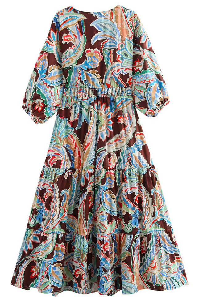 Onbely Robe Longue lâche imprimé à fleurie Col V Manches Longues Bohème boho dress