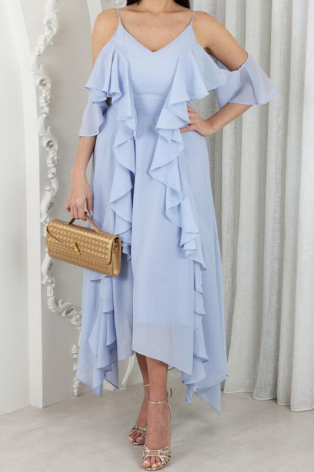 Onbely mi-longue robe irrégulière unicolore à fines brides col en V mode