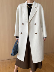 Onbely Women's Long Double-Breasted Wool Coat with Lapel Collar