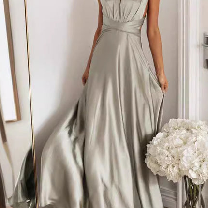 Onbely Robe de soirée longue grise à col en V et dos nu