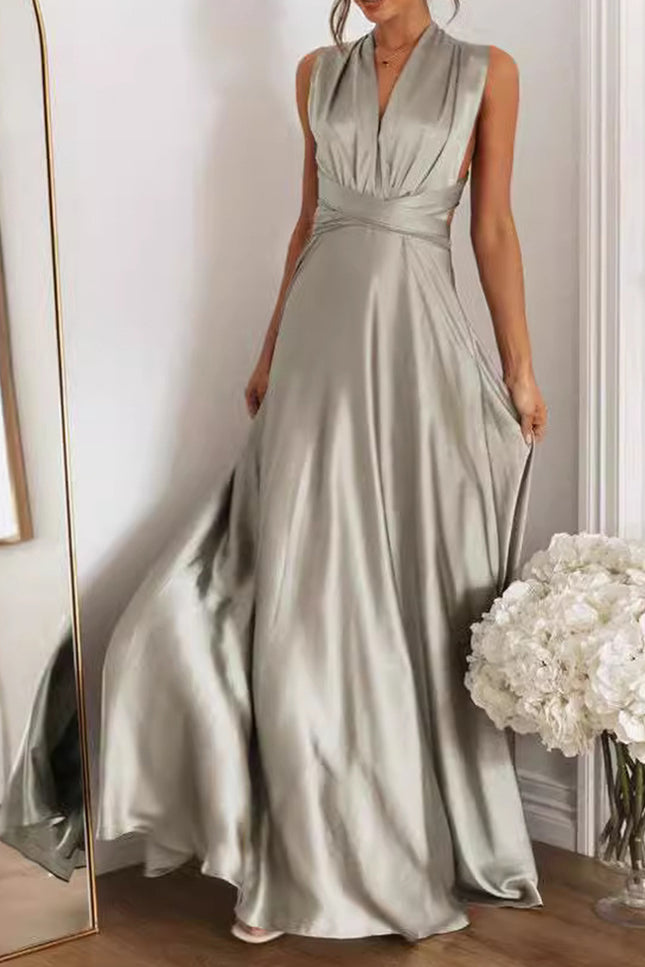 Onbely Robe de soirée longue grise à col en V et dos nu