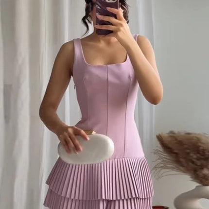 Onbely robe courte plissé bretelle col carré mode