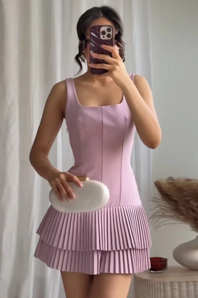 Onbely robe courte plissé bretelle col carré mode