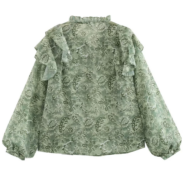 Onbely Blouse Bouffantes mousseline Imprimé Fleuri col jabot femme Vert