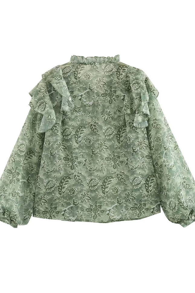 Onbely Blouse Bouffantes mousseline Imprimé Fleuri col jabot femme Vert
