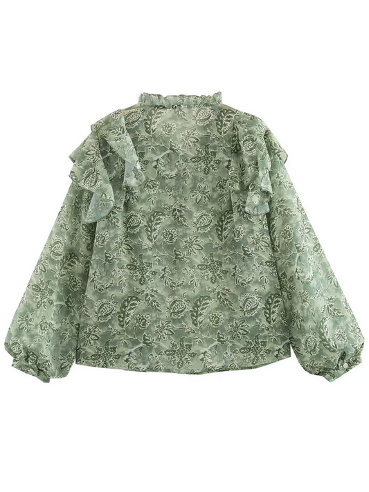 Onbely Blouse Bouffantes mousseline Imprimé Fleuri col jabot femme Vert