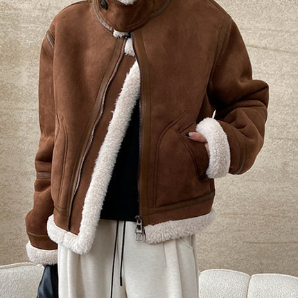 Onbely manteau aviateur en suedine laine pour femme hiver