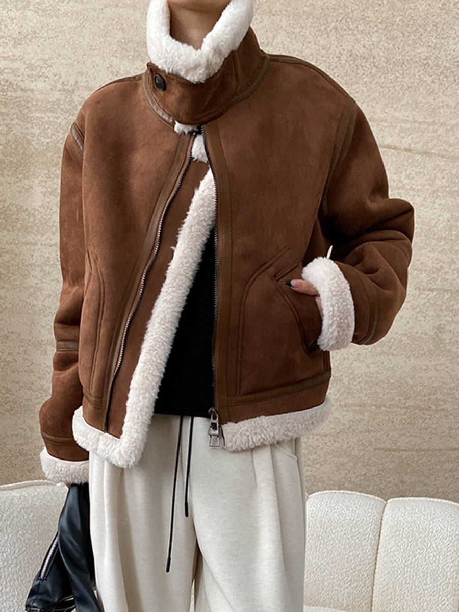 Onbely manteau aviateur en suedine laine pour femme hiver