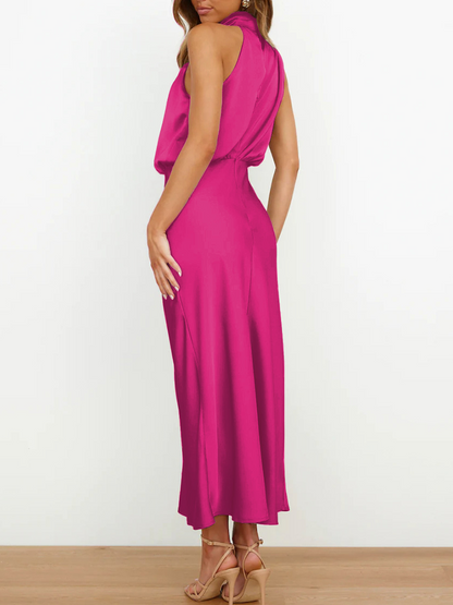 Onbely mi-longue robe unicolore satin sans manches taille haute élégant invité mariage