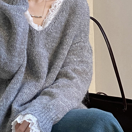 Onbely pull dentelle Col en V pour femme ample casual