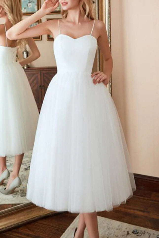 Onbely mi-longue robe trapèze unicolore tulle dos nu à fines brides col en V taille marquée élégant soirée cérémonie