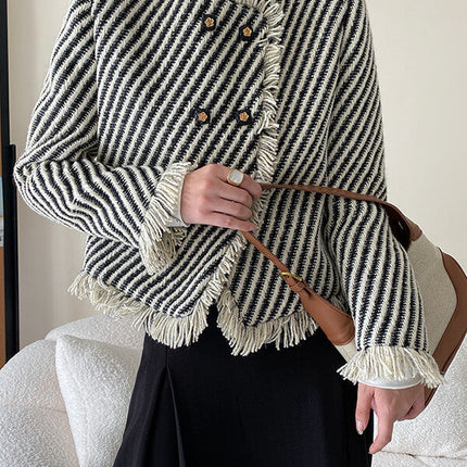 Onbely veste courte rayée en tweed avec frange et poches pour femme élégante