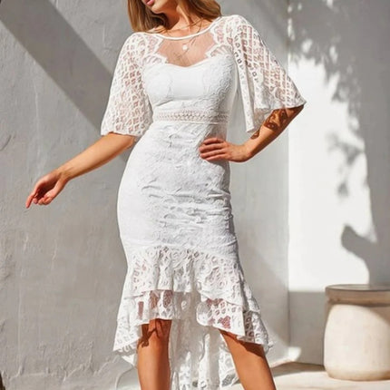 Onbely robe femme longue en dentelle sirene swallowtail col rond manches trompette manches courtes style elegant invite mariage