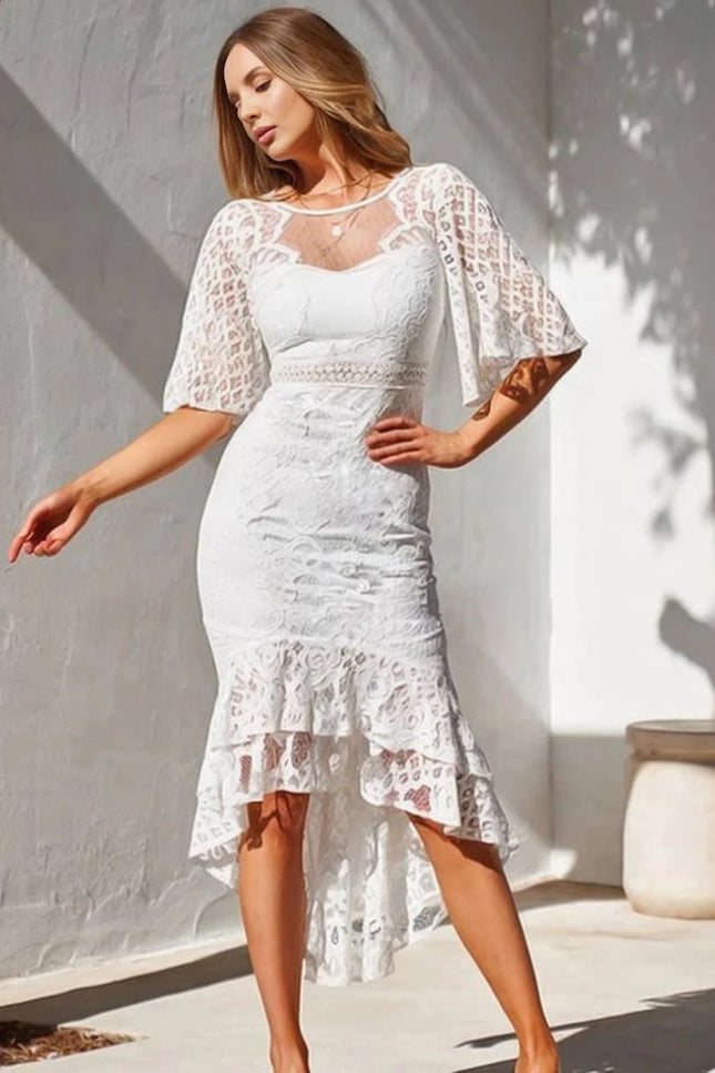 Onbely robe femme longue en dentelle sirene swallowtail col rond manches trompette manches courtes style elegant invite mariage