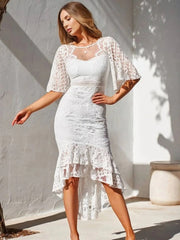 Onbely robe femme longue en dentelle sirene swallowtail col rond manches trompette manches courtes style elegant invite mariage