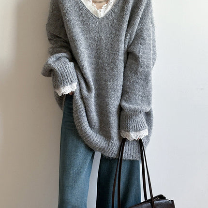 Onbely pull dentelle Col en V pour femme ample casual