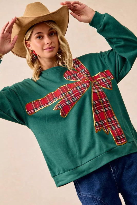 Sweat de Noël en polaire à ruban écossais et nœud décoratif