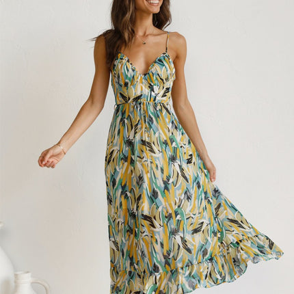 Onbely mi-longue robe imprimé à fleurie dos nu à fines brides col en V doux mode tous les jours vacances boho dress