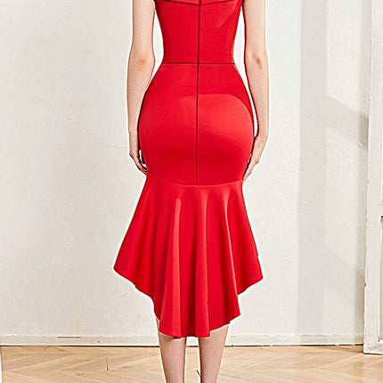 Onbely robe court devant longue derriere sirene unicolore bustier col bateau de cocktail