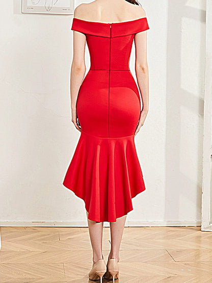 Onbely robe court devant longue derriere sirene unicolore bustier col bateau de cocktail