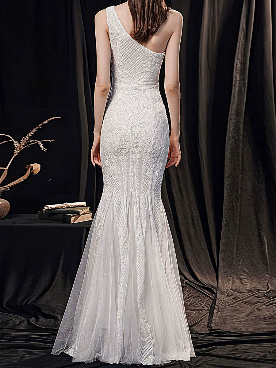 Onbely robe de soirée longue moulante sirene brillante paillette une épaule élégant