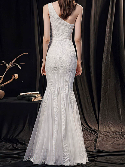 Onbely robe de soirée longue moulante sirene brillante paillette une épaule élégant