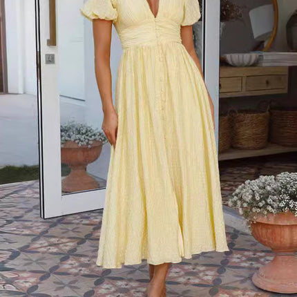 Onbely robe longue boutonnage v-col manches bouffantes élégant