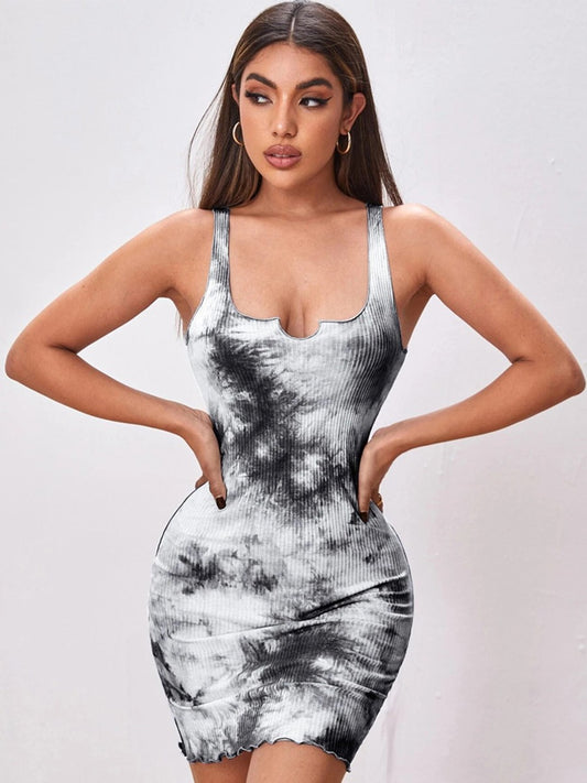 Onbely robe courte tie and dye imprimé à fleurie coton bretelle col carré cintrée mode tous les jours vacances