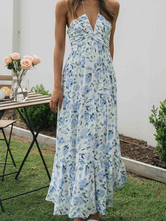 Onbely Robe longue mousseline imprimé à fleurie licou dos nu vacances