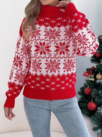 Pull de Noël à col roulé, manches longues et motif flocon de neige