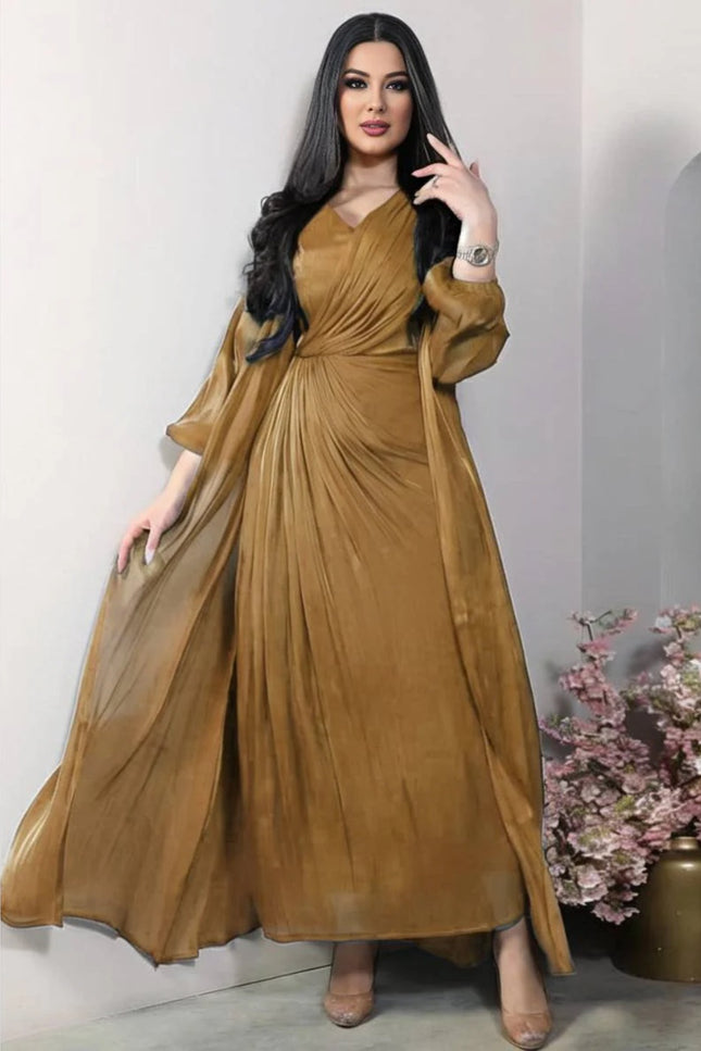 Onbely ensemble robe en satin femme elegant decontracte manches longues noeud bright wire mode