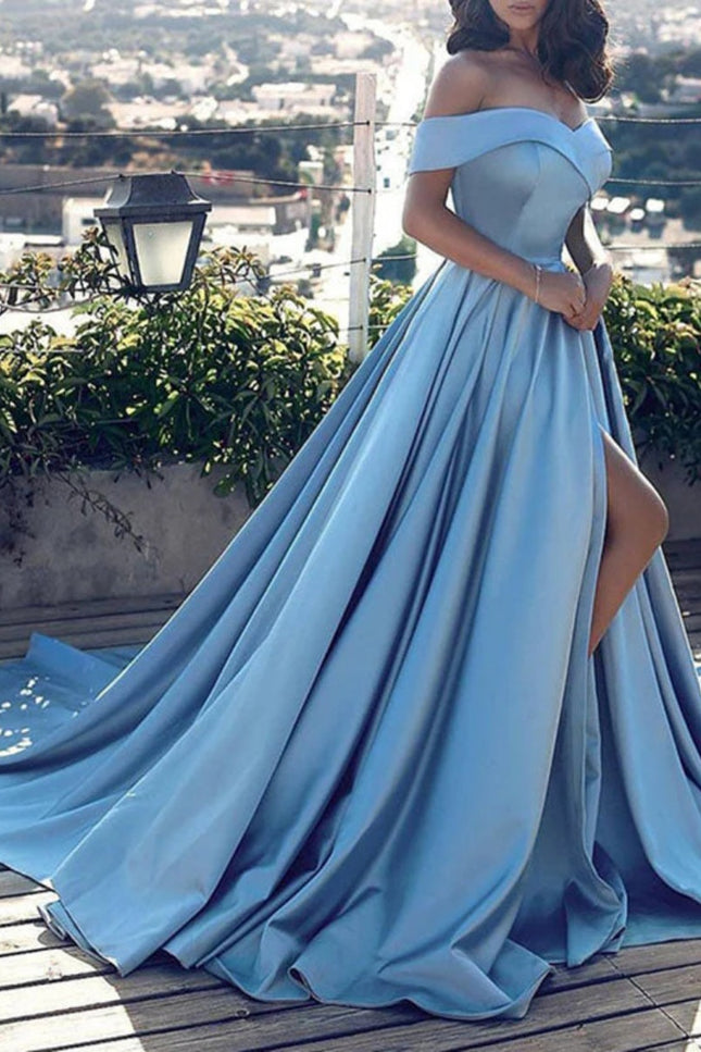 Onbely robe de soirée longue unicolore fendu le côté épaules dénudées col en V manches courtes taille marquée mode bal de promo