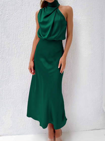Onbely mi-longue robe unicolore satin sans manches taille haute élégant invité mariage