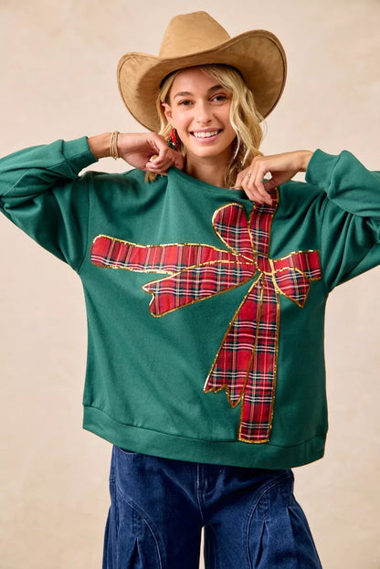Sweat de Noël en polaire à ruban écossais et nœud décoratif