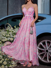 Onbely Pink Floral Print Side Slit Maxi Long Evening Dress for Wedding