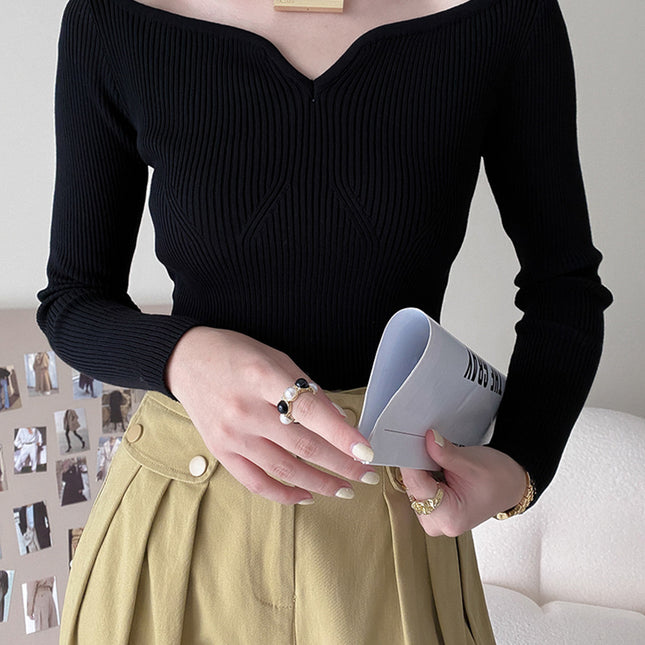 Onbely Haut Femme Manches Longues Col Bateau Mode Tricot Côtelé Automne Printemps