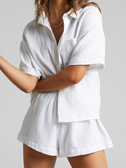 Onbely Casual Waffle Cotton Set Short Sleeve Shirt and Shorts